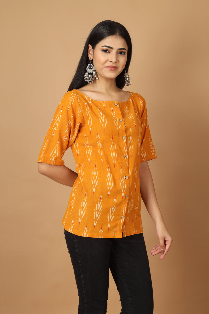 Tamaksh Women's Yellow Cotton Handcrafted Handwoven Ikat Top