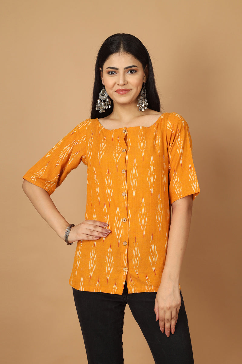 Tamaksh Women's Yellow Cotton Handcrafted Handwoven Ikat Top