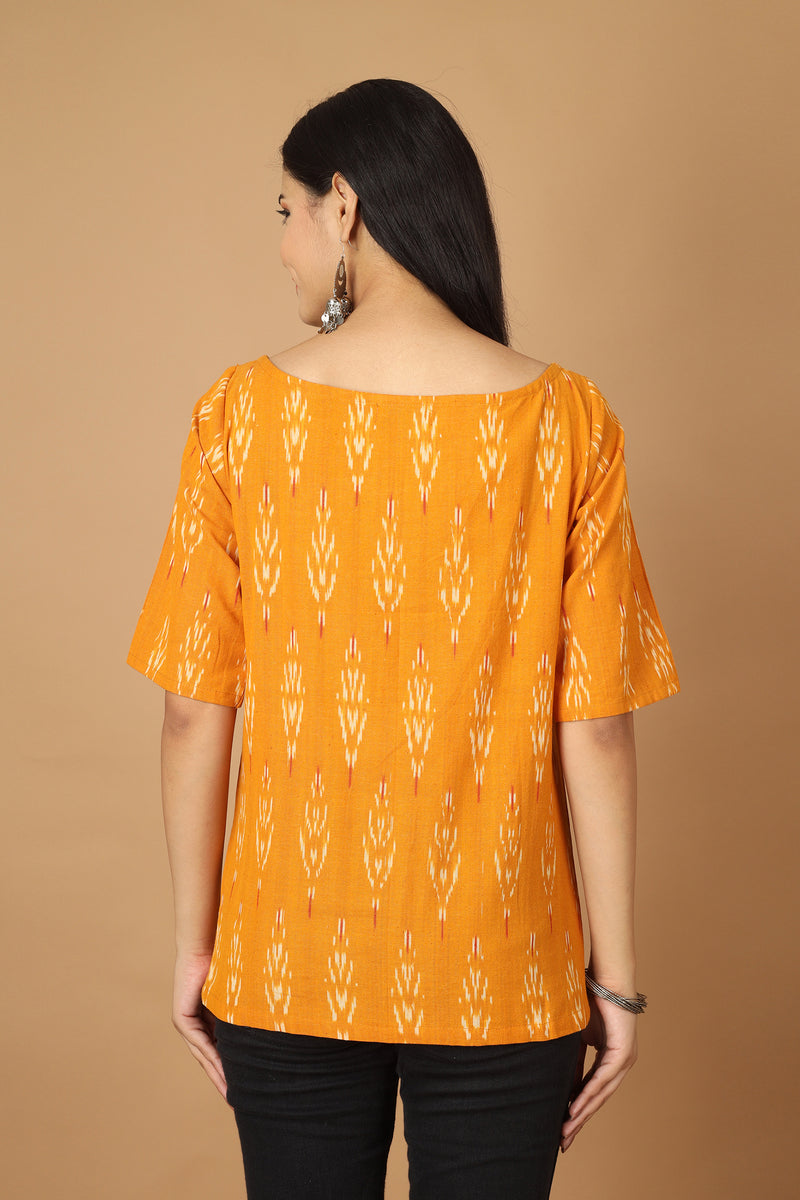 Tamaksh Women's Yellow Cotton Handcrafted Handwoven Ikat Top