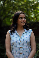 Peacock Blue Floral Dress in Lyocell Linen
