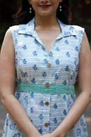 Peacock Blue Floral Dress in Lyocell Linen