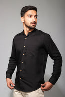 Earthy Route Tencel™ Lyocell Mandarin Collar Shirt in Jet Black