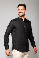 Earthy Route Tencel™ Lyocell Mandarin Collar Shirt in Jet Black