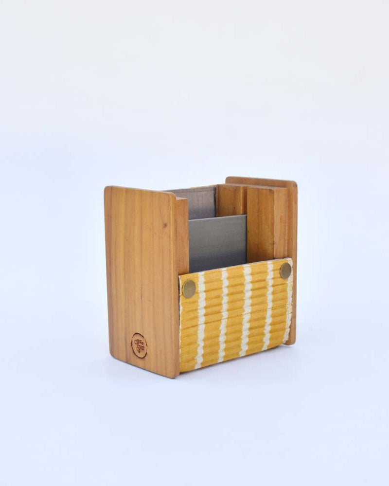 Lukka Chuppi  Wooden Pen Stand Upcycled Fabric and Reclaimed Wood - Grey Double Line & Yellow Single Line