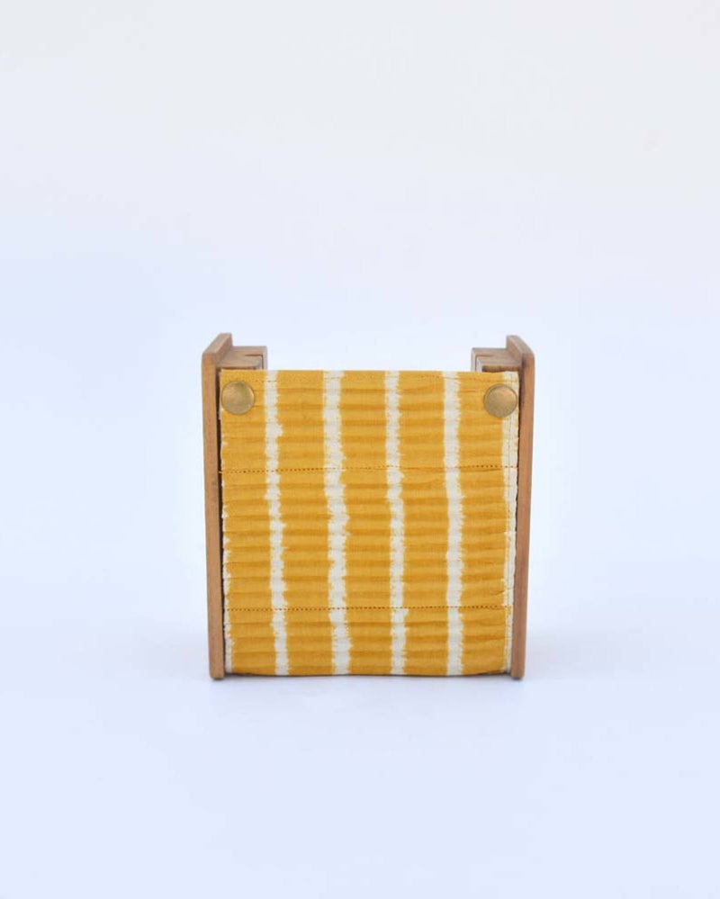 Lukka Chuppi  Wooden Pen Stand Upcycled Fabric and Reclaimed Wood - Grey Double Line & Yellow Single Line