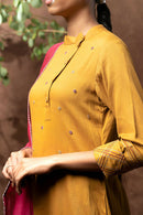 Taraasi Women's Mustard Cotton Silk Thread Hand Embroidery Work Kurta