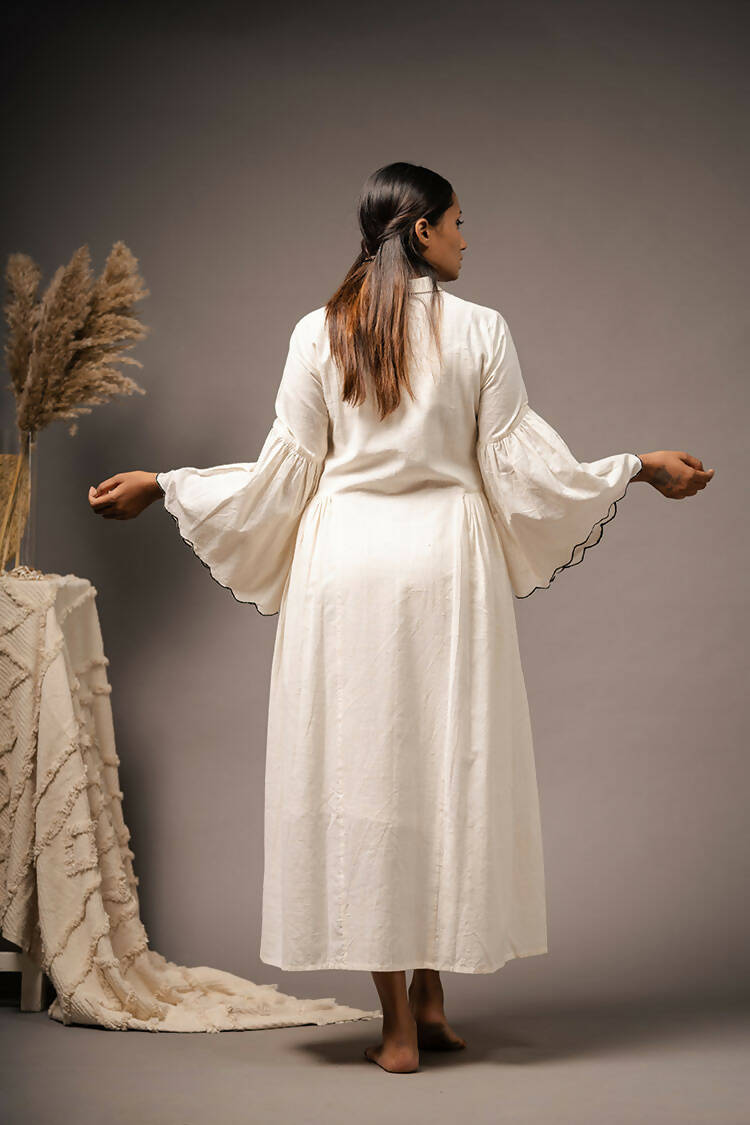 Taraasi Women's Ivory Handwoven Organic Cotton Pearl Detailing And Cut Work Dress