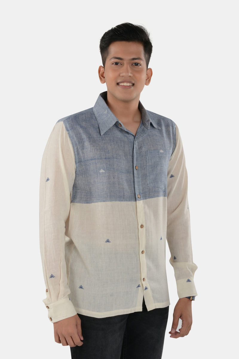 Tamaksh Men's White Blue Organic Cotton Handcrafted Shirt