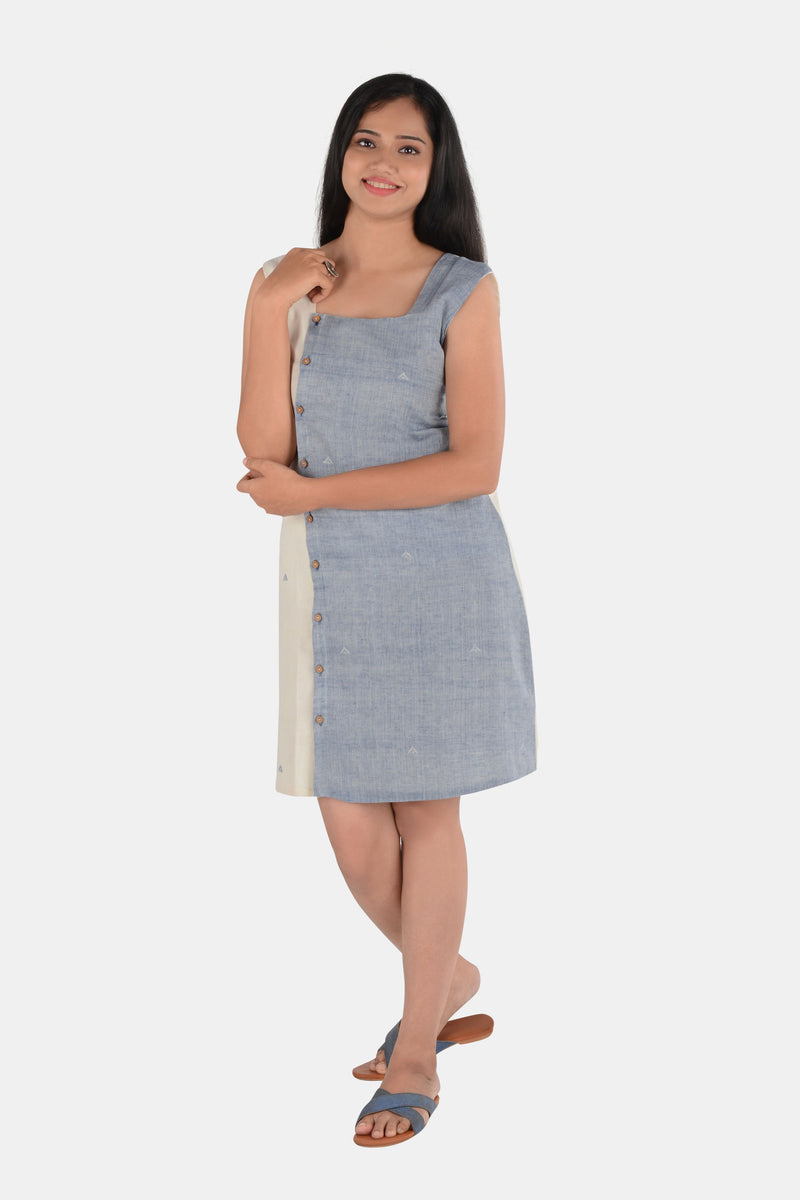 Tamaksh Women's White Blue Organic Cotton Handcrafted Dress