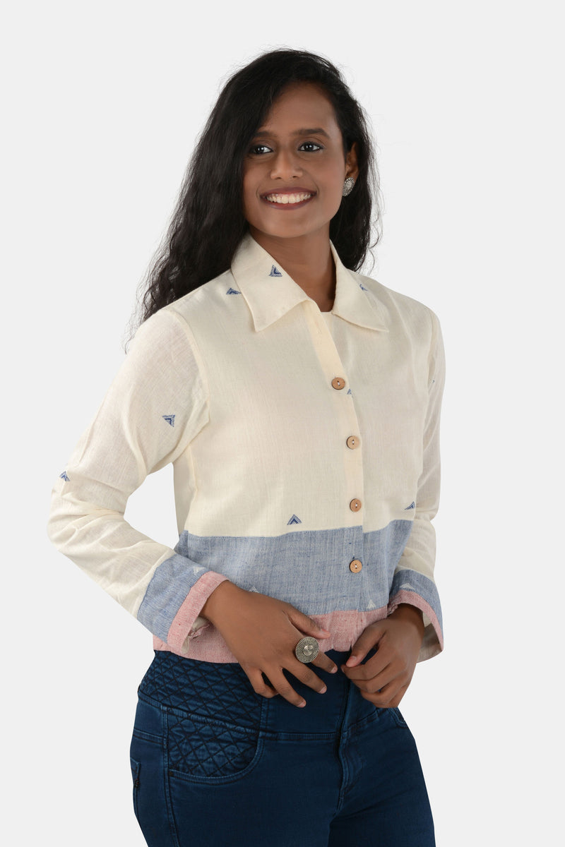 Tamaksh Women's White Blue Red Organic Cotton Handcrafted Shirt