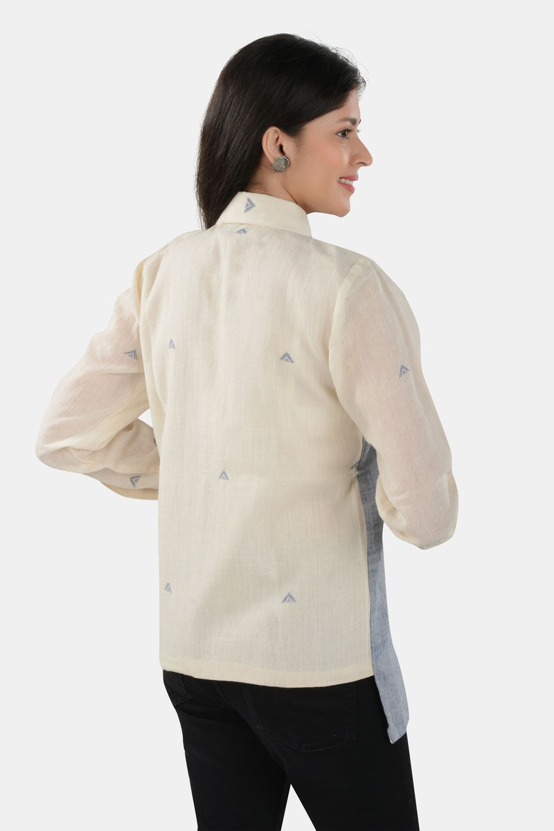 Tamaksh Women's White Blue Organic Cotton Handcrafted Shirt