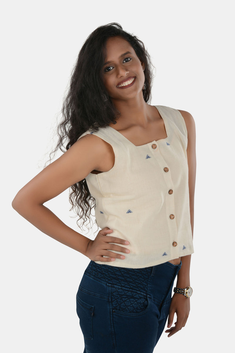 Tamaksh Women's White Organic Cotton Handcrafted Top