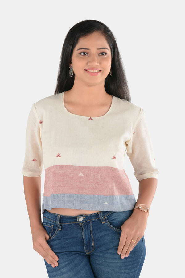 Tamaksh Women's White Blue Red Organic Cotton Handcrafted Top