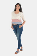 Tamaksh Women's White Blue Red Organic Cotton Handcrafted Top