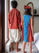 Prathaa Natkhat 100% Cotton Indigo & Coral Girls Frock