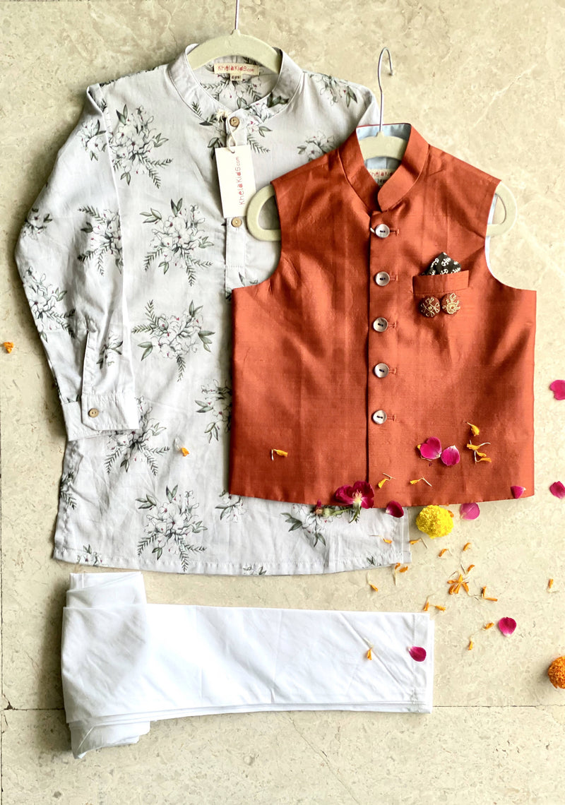 Ethically Made Grey Floral Kurta Pajama Set, Rust silk bandi