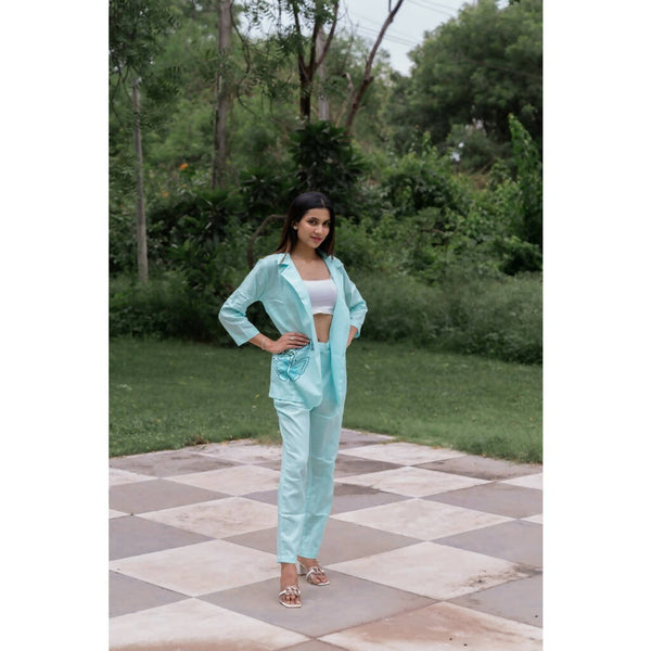 AC By Aratrika Chauhan 100% Organic Linen Blue Jacket-Pant