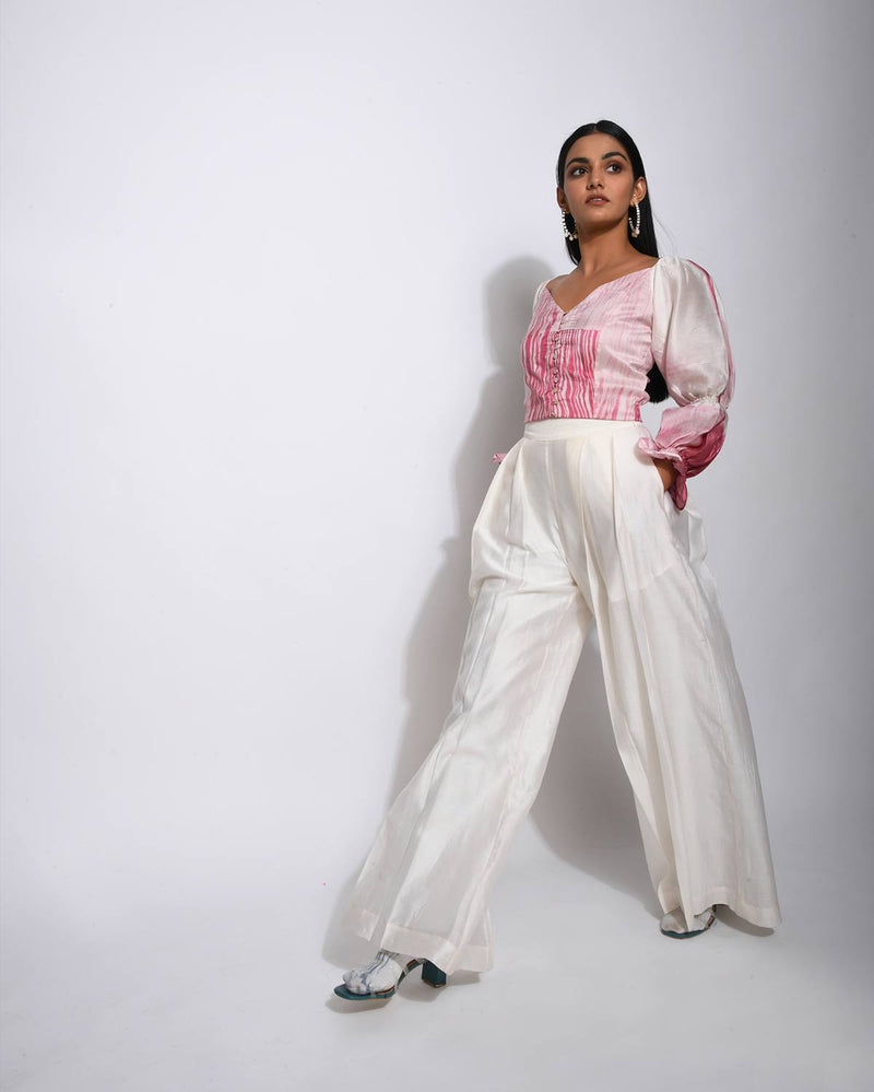 The Loom Art  White Pleated Chanderi Silk Pants