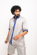 Neora by Nehal Chopra Bemberg Modal Silk Grey-Blue Collar Colorblocked Men's Shirt