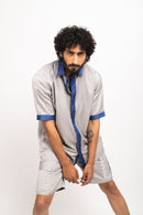 Neora by Nehal Chopra Bemberg Modal Silk Grey-Blue Collar Colorblocked Men's Shirt