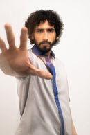 Neora by Nehal Chopra Bemberg Modal Silk Grey-Blue Collar Colorblocked Men's Shirt