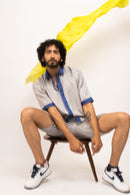 Neora by Nehal Chopra Bemberg Modal Silk Grey-Blue Collar Colorblocked Men's Shirt