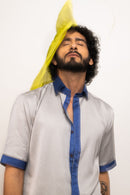 Neora by Nehal Chopra Bemberg Modal Silk Grey-Blue Collar Colorblocked Men's Shirt