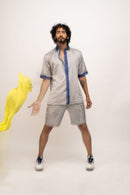 Neora by Nehal Chopra Bemberg Modal Silk Grey-Blue Collar Colorblocked Men's Shirt