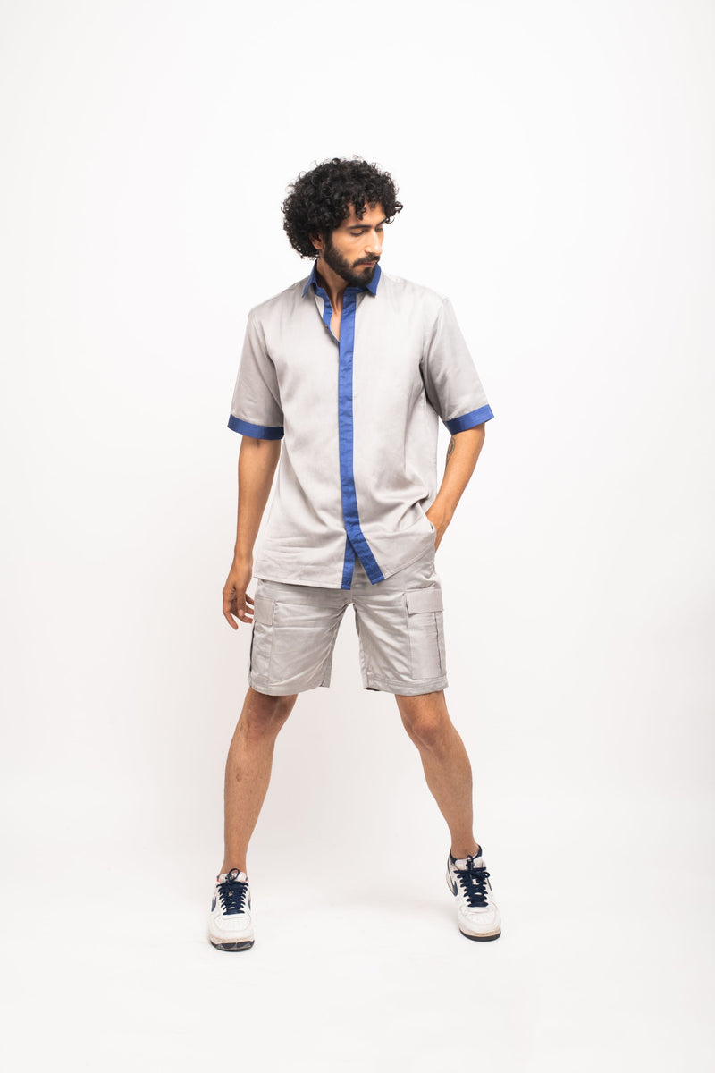 Neora by Nehal Chopra Bemberg Modal Silk Grey-Blue Collar Colorblocked Shirt