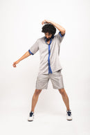 Neora by Nehal Chopra Bemberg Modal Silk Grey-Blue Collar Colorblocked Men's Shirt