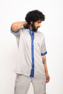 Neora by Nehal Chopra Bemberg Modal Silk Grey-Blue Collar Colorblocked Men's Shirt