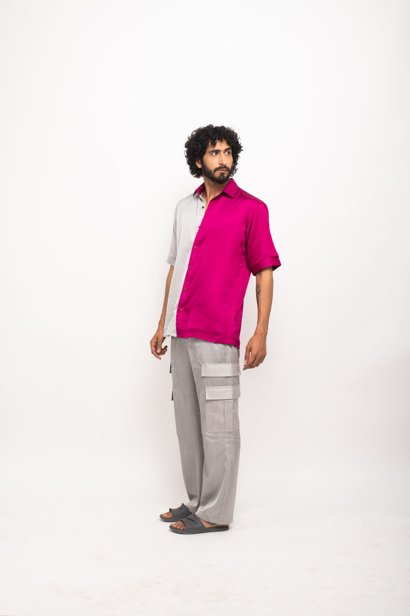 Neora by Nehal Chopra Bemberg Modal Silk Grey-Wine Colorblocked Men's Shirt