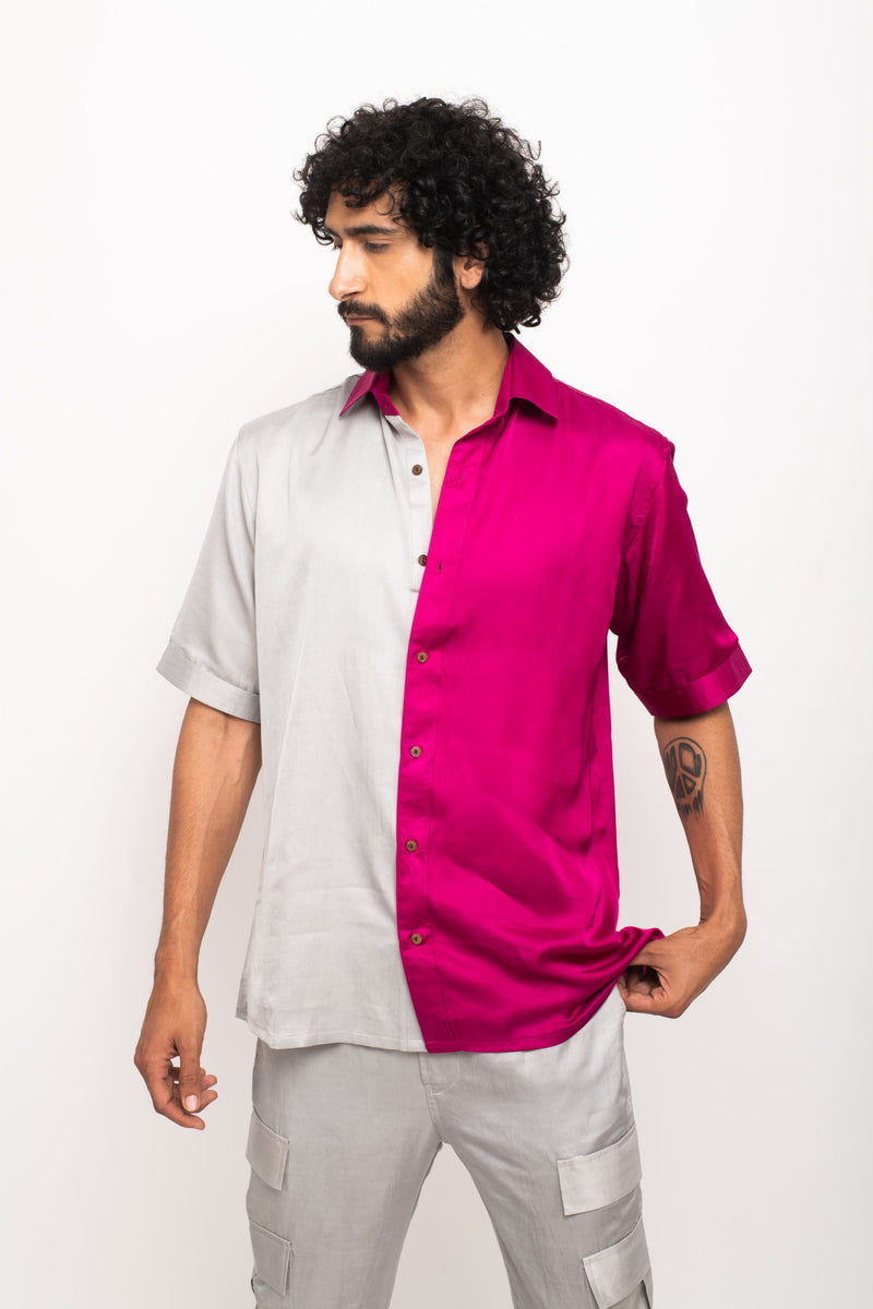 Neora by Nehal Chopra Bemberg Modal Silk Grey-Wine Colorblocked Men's Shirt