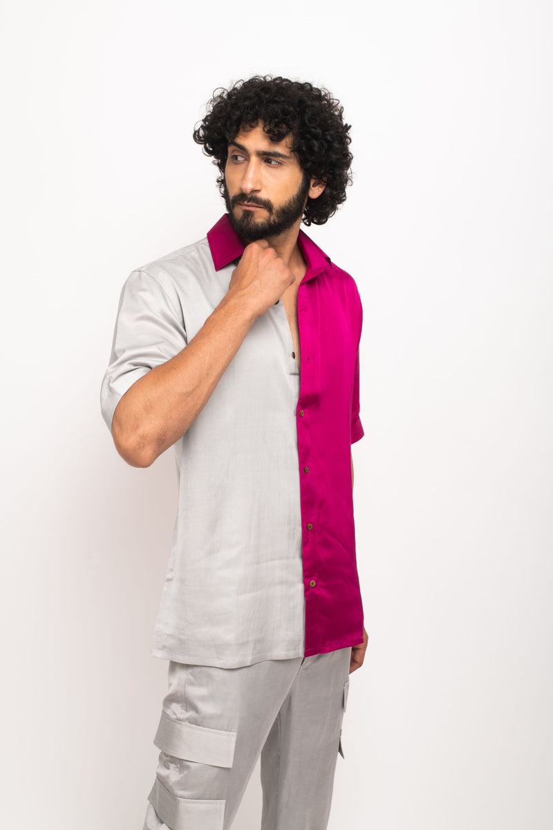 Neora by Nehal Chopra Bemberg Modal Silk Grey-Wine Colorblocked Men's Shirt