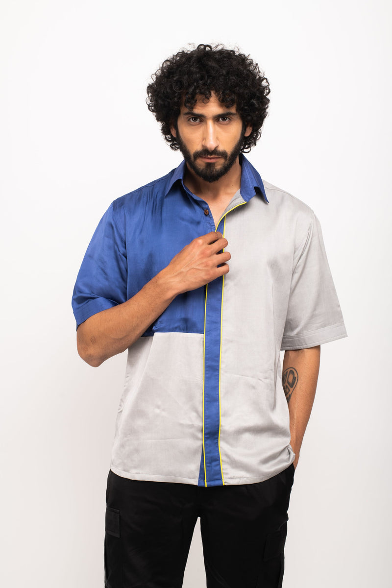 Neora by Nehal Chopra Bemberg Modal Silk Grey-Blue Colorblocked Shirt
