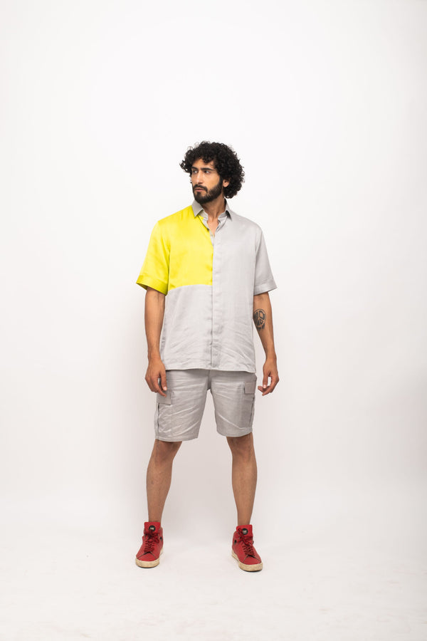 Neora by Nehal Chopra Bemberg Modal Silk Grey-Neon Colorblocked Shirt