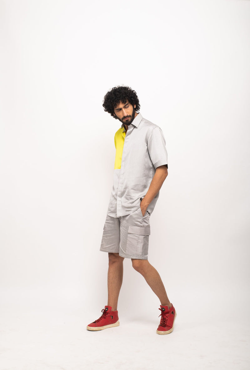 Neora by Nehal Chopra Bemberg Modal Silk Grey-Neon Colorblocked Shirt