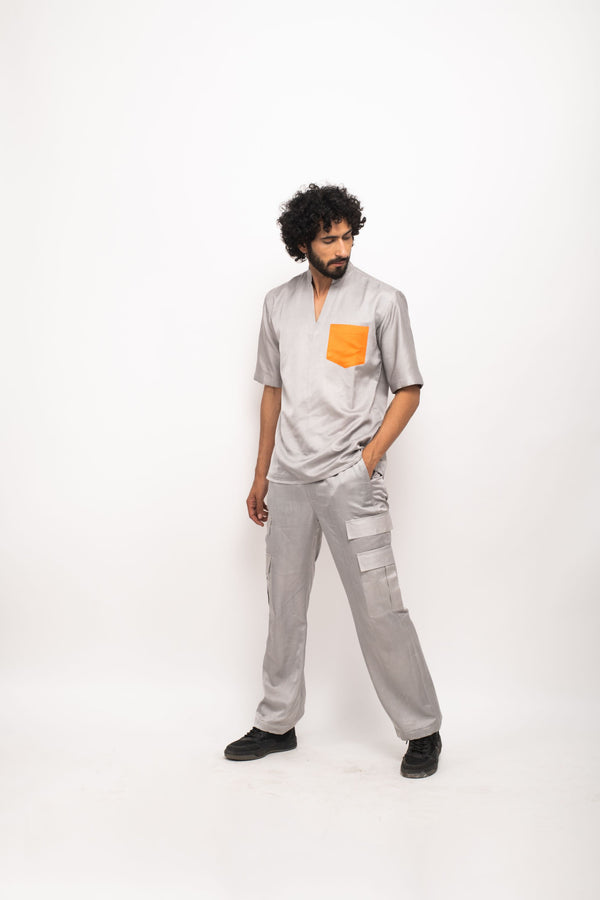 Neora by Nehal Chopra Bemberg Modal Silk Grey-Orange Pocket Shirt