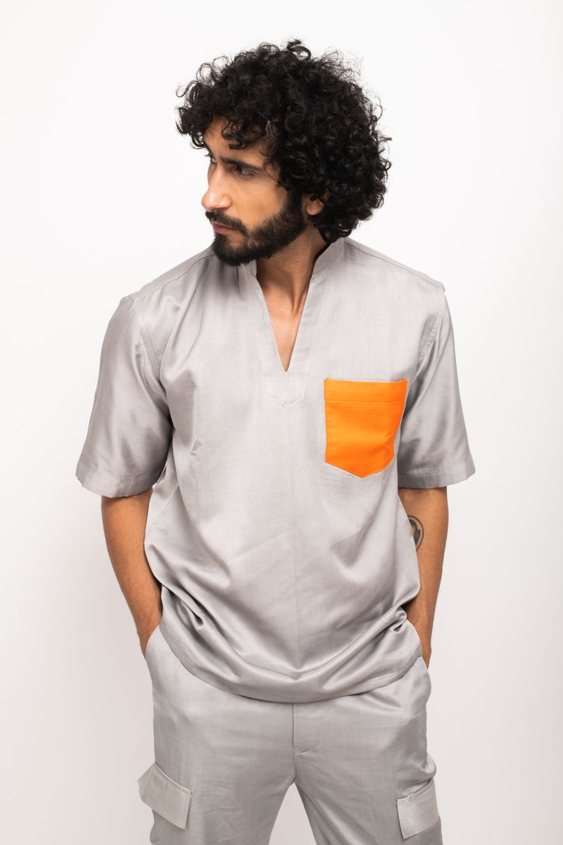 Neora by Nehal Chopra Bemberg Modal Silk Grey-Orange Pocket Men's Shirt