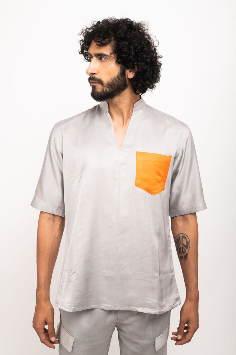 Neora by Nehal Chopra Bemberg Modal Silk Grey-Orange Pocket Men's Shirt