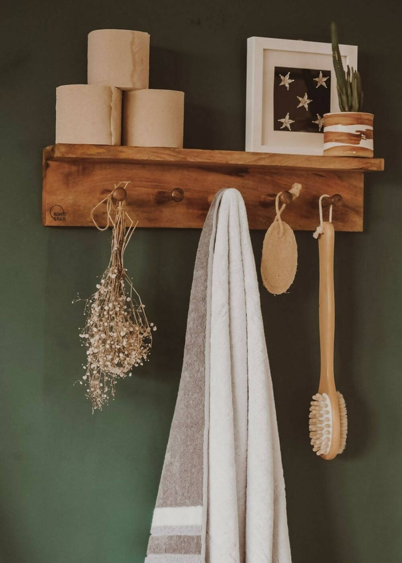 Hohmgrain Home Décor Dark Brown Seasoned Mango wood Handcrafted Coat Hanger Wall Shelf