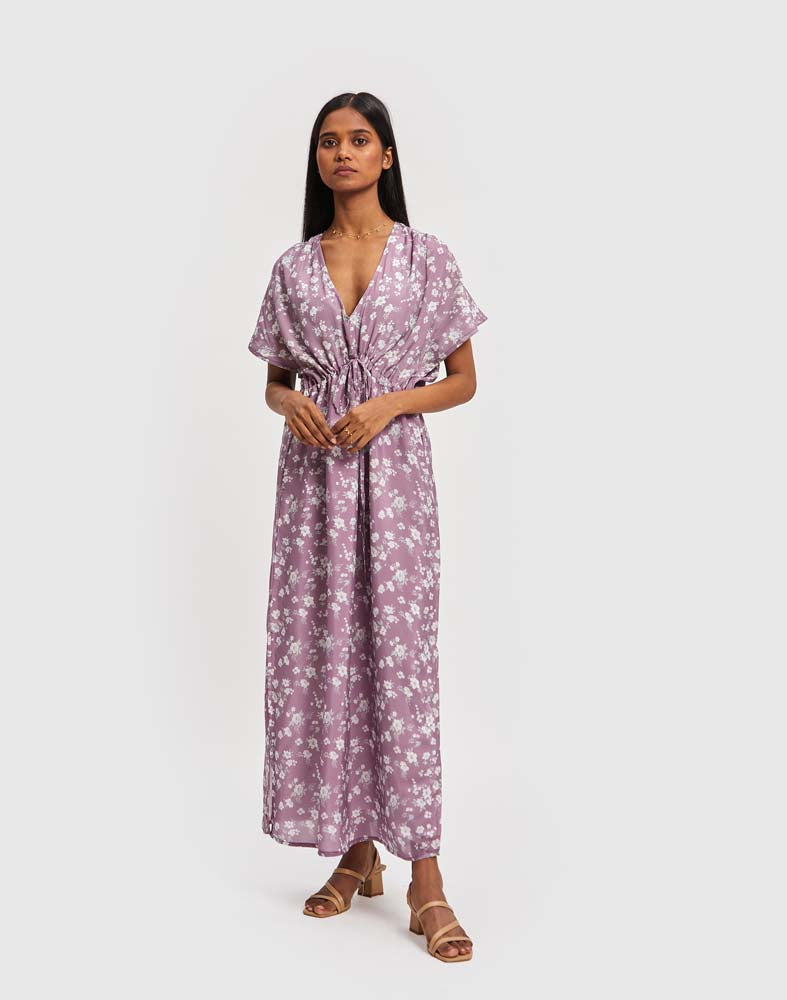 Reistor Crepe Maxi Gathered Dress in Lilac