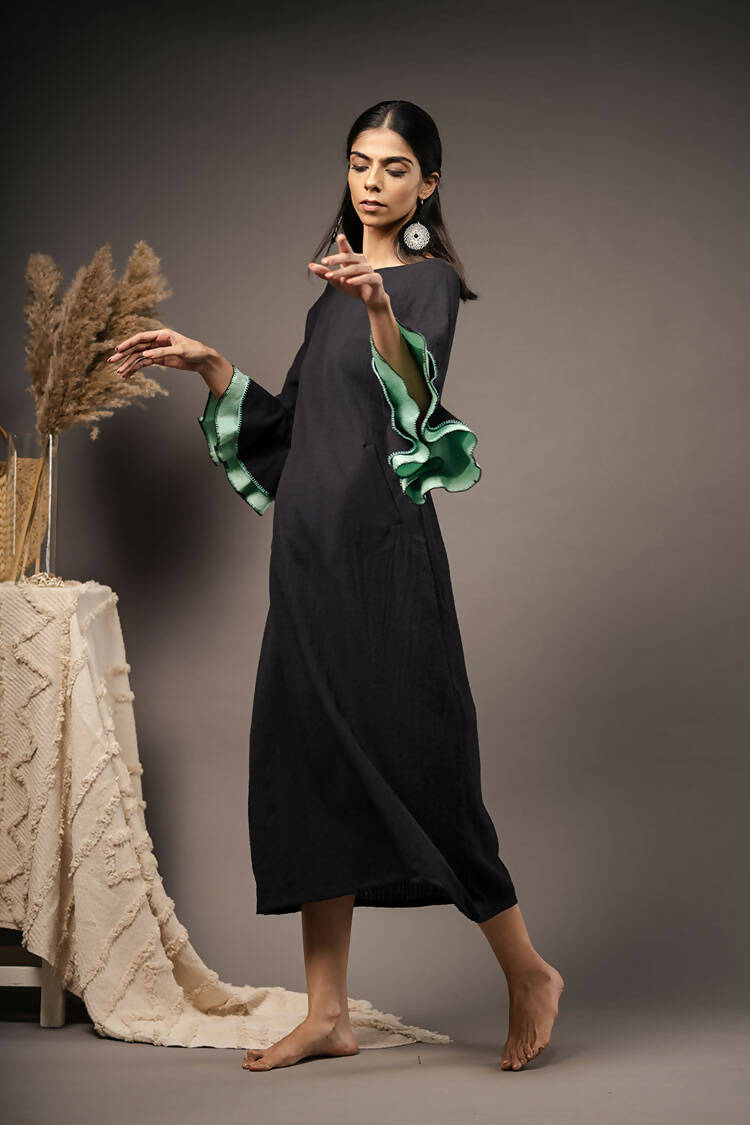 Taraasi Women's Black Handwoven Cotton Mid Calf Length Dress
