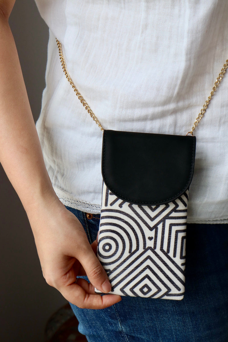 Whitefire Cotton & Vegan Leather Phone Bag in Geometric
