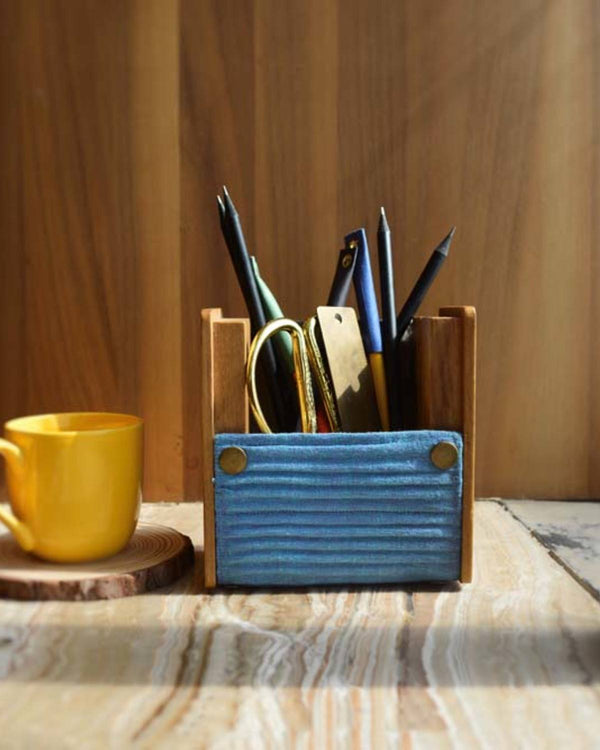 Lukka Chuppi  Wooden Pen Stand  in Upcycled Fabric and Reclaimed Wood - Solid Blue & Geometric Green