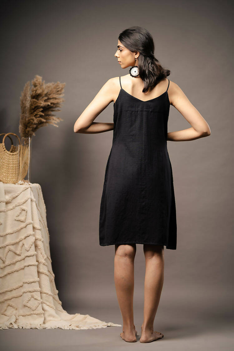 Taraasi Women's Black Handwoven Cotton Soothing Noodle Strap Dress With Hand Appliqué Work