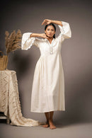 Taraasi Women's Ivory Handwoven Organic Cotton Pearl Detailing And Cut Work Dress