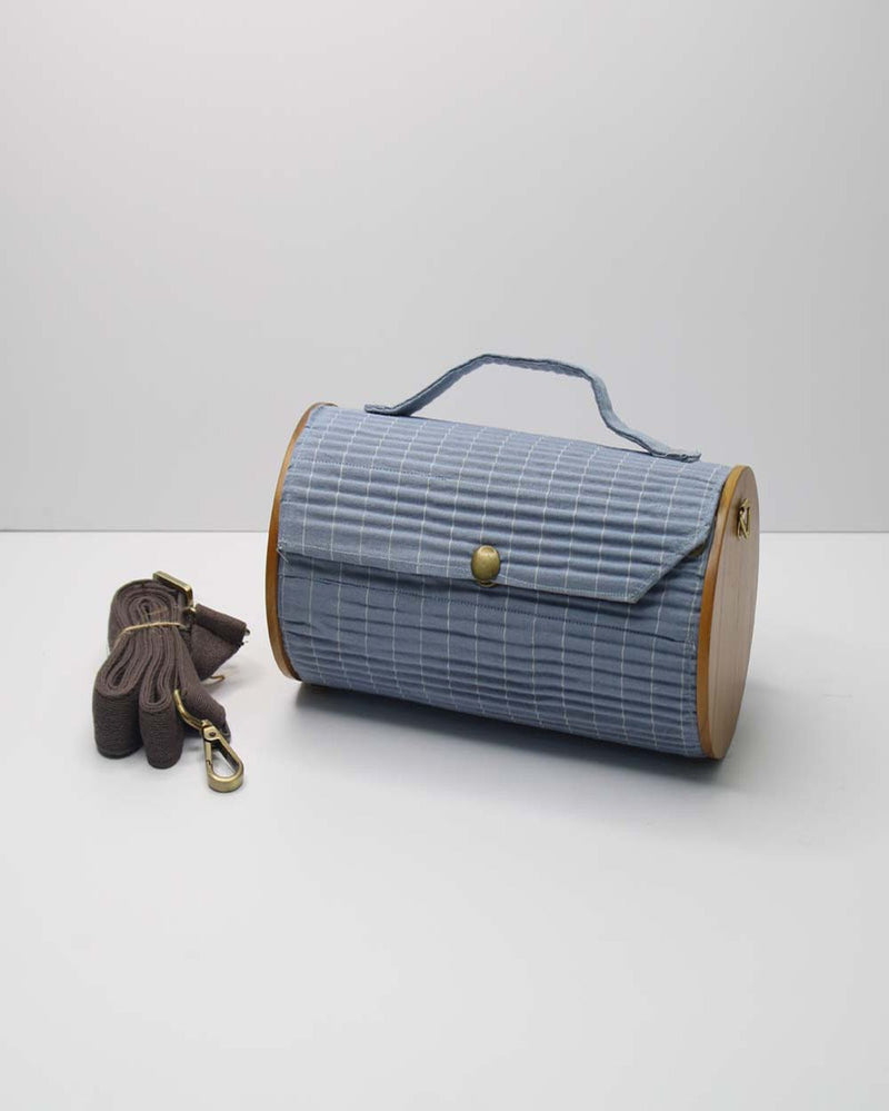 Lukka Chuppi  Round Sling Bag in Organic Cotton and Reclaimed Wood - Sky Blue Lines
