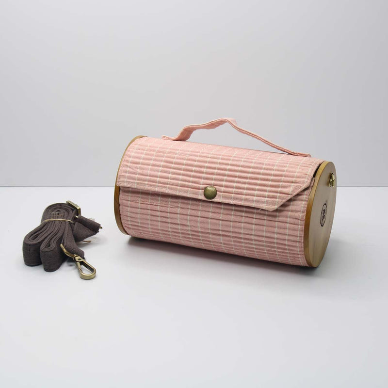 Lukka Chuppi  Round Sling Bag in Organic Cotton and Reclaimed Wood - Baby Pink Lines