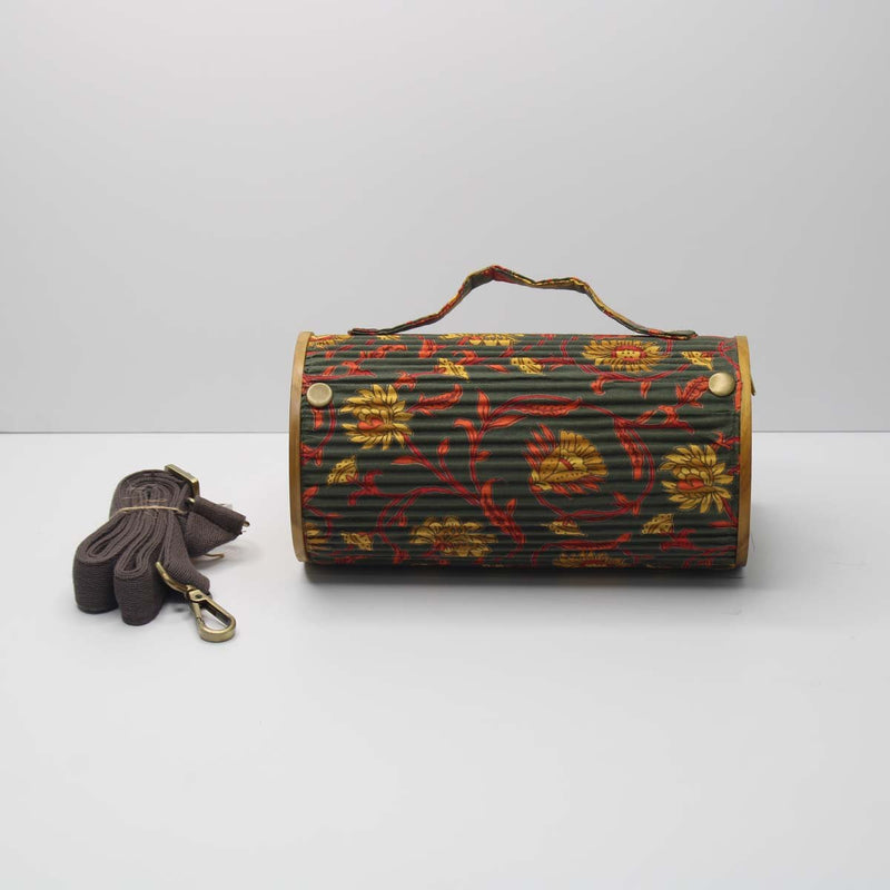 Lukka Chuppi  Combo of Round Sling Bag in Organic Cotton and Reclaimed  wood - Floral Creeper Black & Solid Rust